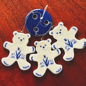 3 porcelain teddy bears 🧸 wind chime/mobile blue tulip 🌷 imprint 3”x2 1/2” ea